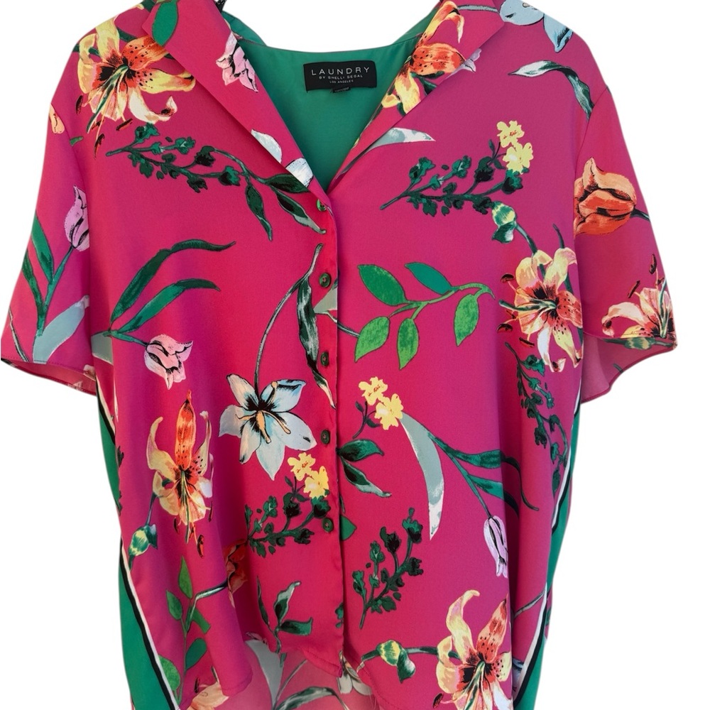Bright Pink Button Up Top Short Sleeves Pink Floral Tropical Women XL